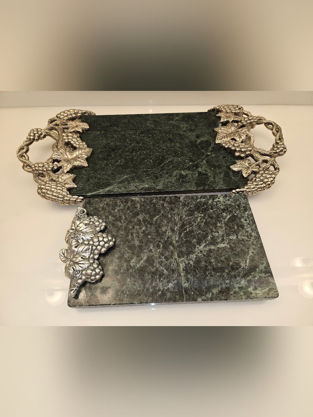Green Marble Serving Board Set with Silver Grape Accents